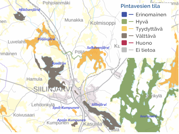 Siilinjärven valuma-alueen luokitellut vesistöt.