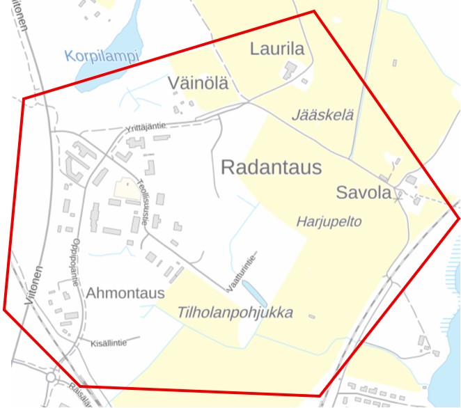 karttakuva Radantauksen alueelta.