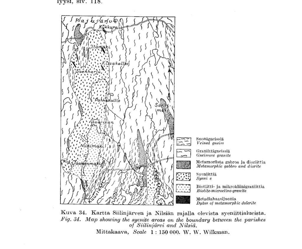 Kartta Siilinjärven koillisosan kallioperästä vuodelta 1938.