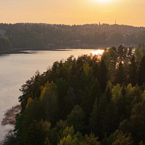 Puiden ja kivien ympäröimä Siilinlahden ranta Siilinjärvellä. Auringonlasku taustalla.
