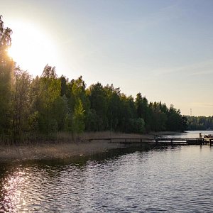 Puiden ja kivien ympäröimä Siilinlahden ranta Siilinjärvellä, keskellä on laituri.